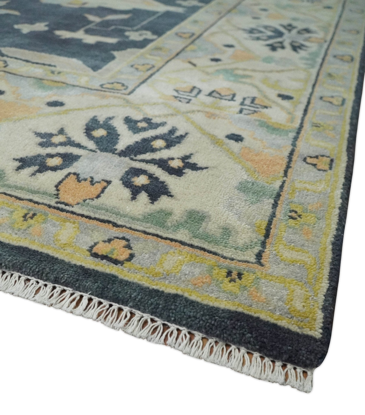 Custom Made Hand Knotted Oriental Oushak Charcoal, Ivory and Olive Wool Area Rug