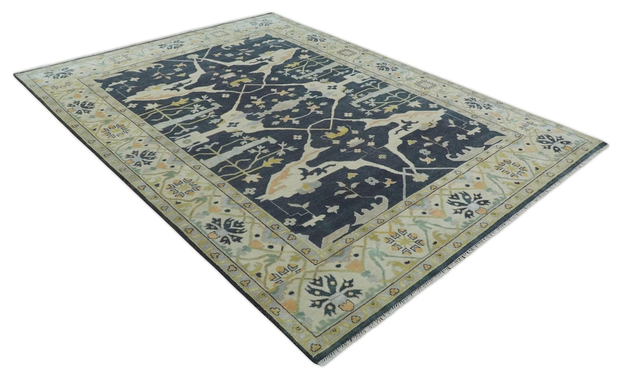 Custom Made Hand Knotted Oriental Oushak Charcoal, Ivory and Olive Wool Area Rug