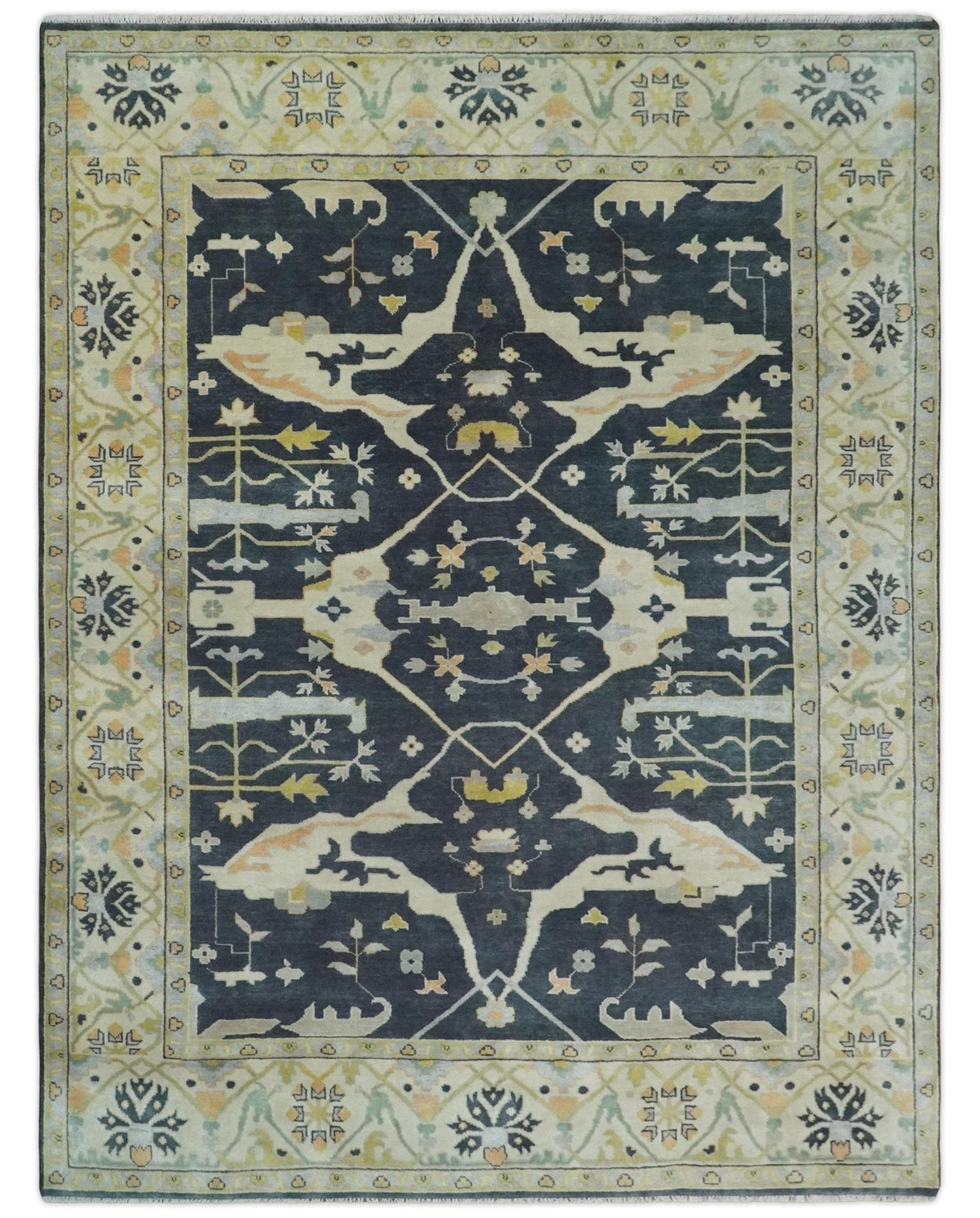 Custom Made Hand Knotted Oriental Oushak Charcoal, Ivory and Olive Wool Area Rug