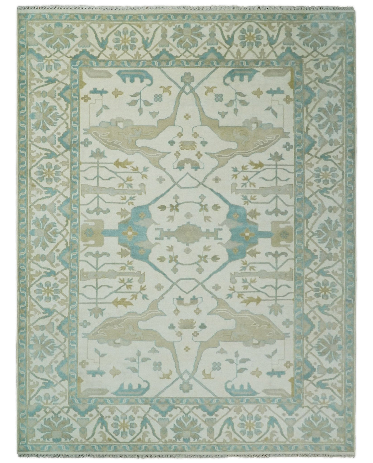 Custom Made Hand Knotted Oriental Oushak Ivory and Blue Wool Area Rug