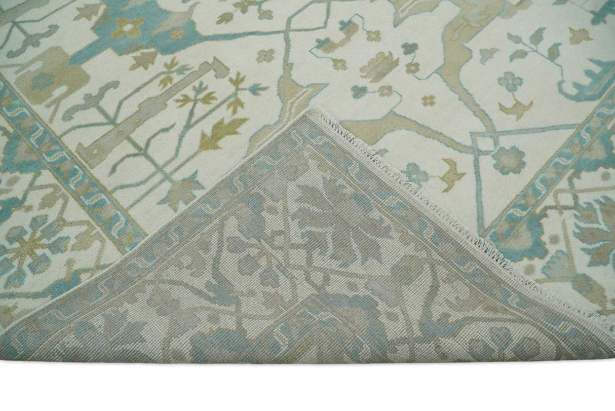 Custom Made Hand Knotted Oriental Oushak Ivory and Blue Wool Area Rug