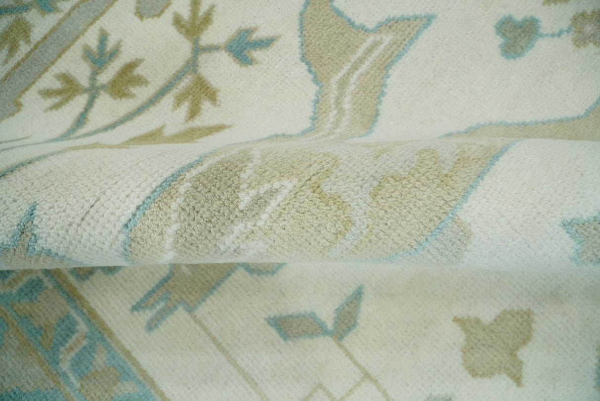 Custom Made Hand Knotted Oriental Oushak Ivory and Blue Wool Area Rug