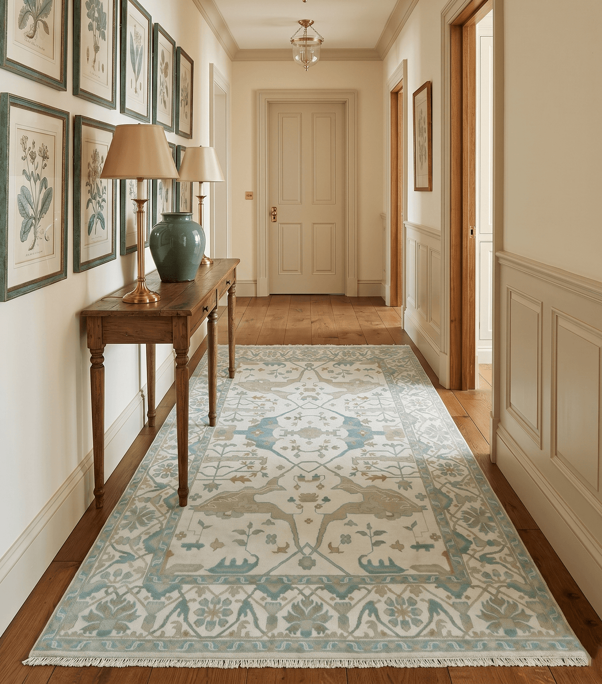 Custom Made Hand Knotted Oriental Oushak Ivory and Blue Wool Area Rug