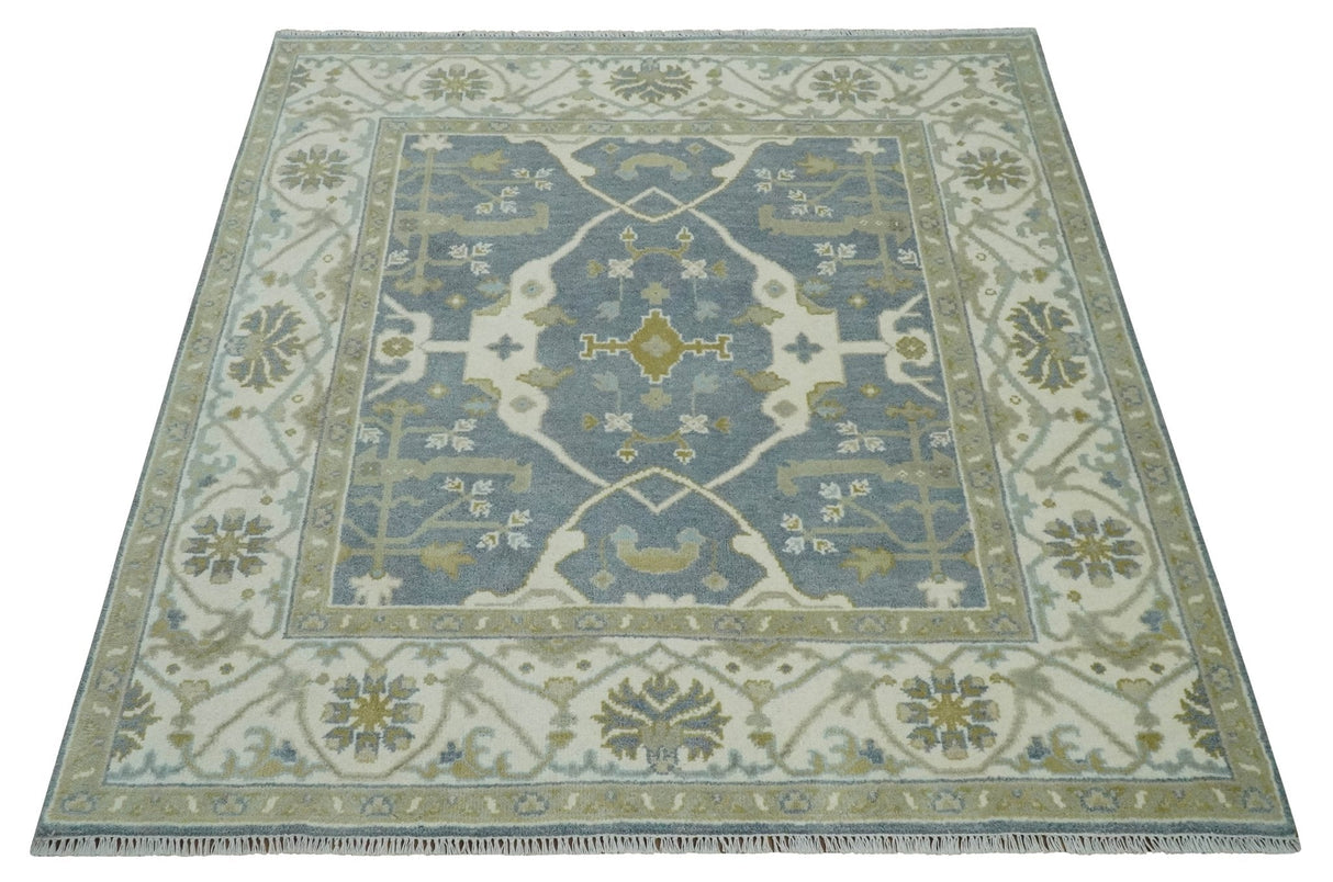 Custom Made Hand Knotted Oriental Oushak Ivory, Charcoal and Olive Wool Area Rug