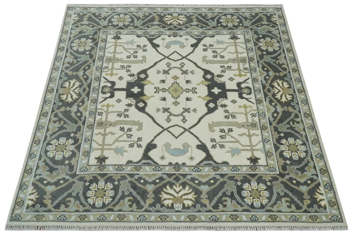 Custom made Hand Knotted Oriental Oushak Ivory, Charcoal and Olive Wool Area Rug