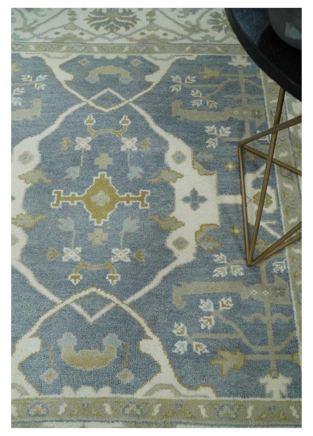 Custom Made Hand Knotted Oriental Oushak Ivory, Charcoal and Olive Wool Area Rug