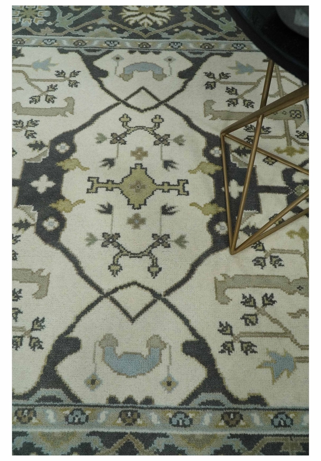Custom made Hand Knotted Oriental Oushak Ivory, Charcoal and Olive Wool Area Rug