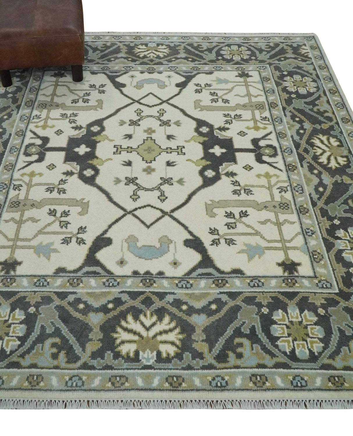 Custom made Hand Knotted Oriental Oushak Ivory, Charcoal and Olive Wool Area Rug