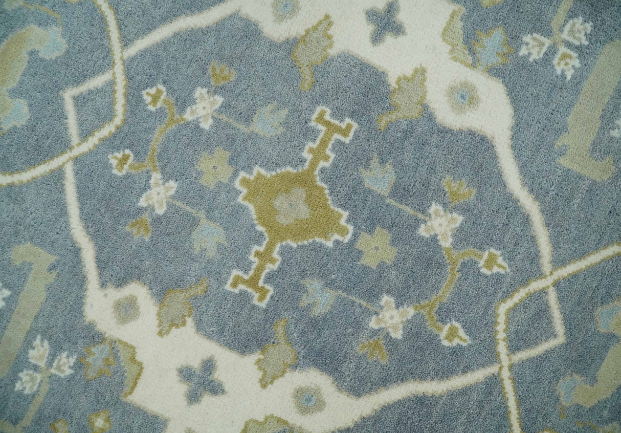 Custom Made Hand Knotted Oriental Oushak Ivory, Charcoal and Olive Wool Area Rug