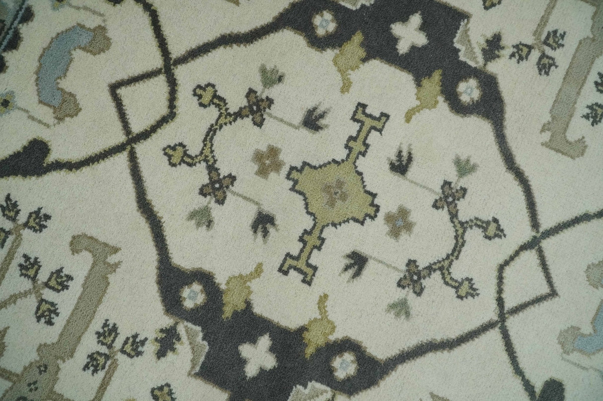 Custom made Hand Knotted Oriental Oushak Ivory, Charcoal and Olive Wool Area Rug