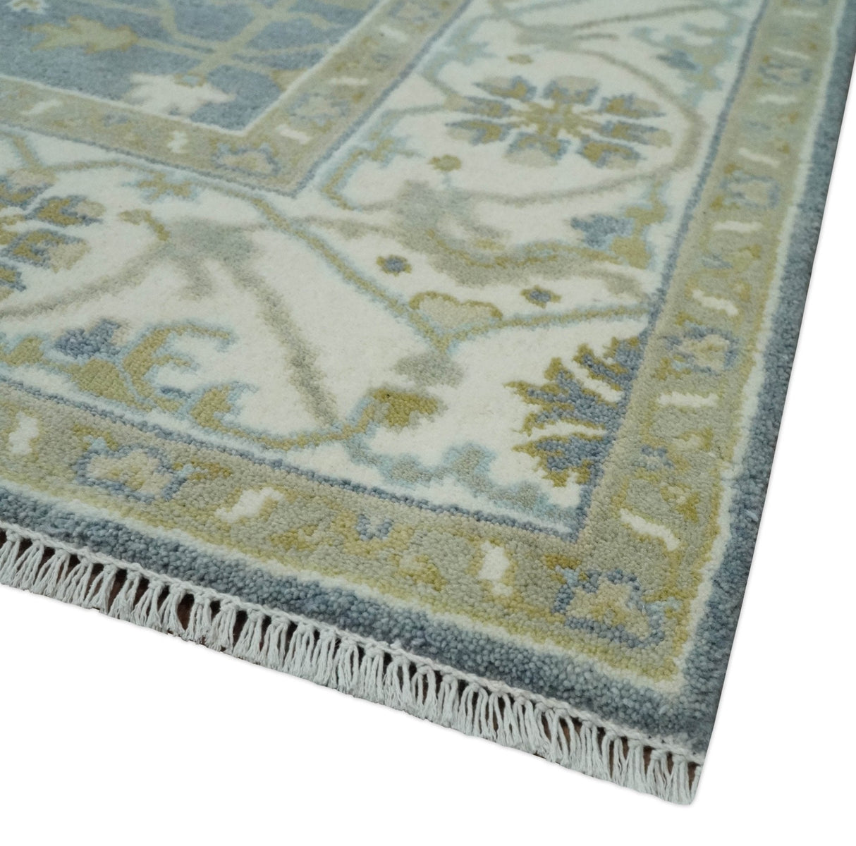 Custom Made Hand Knotted Oriental Oushak Ivory, Charcoal and Olive Wool Area Rug