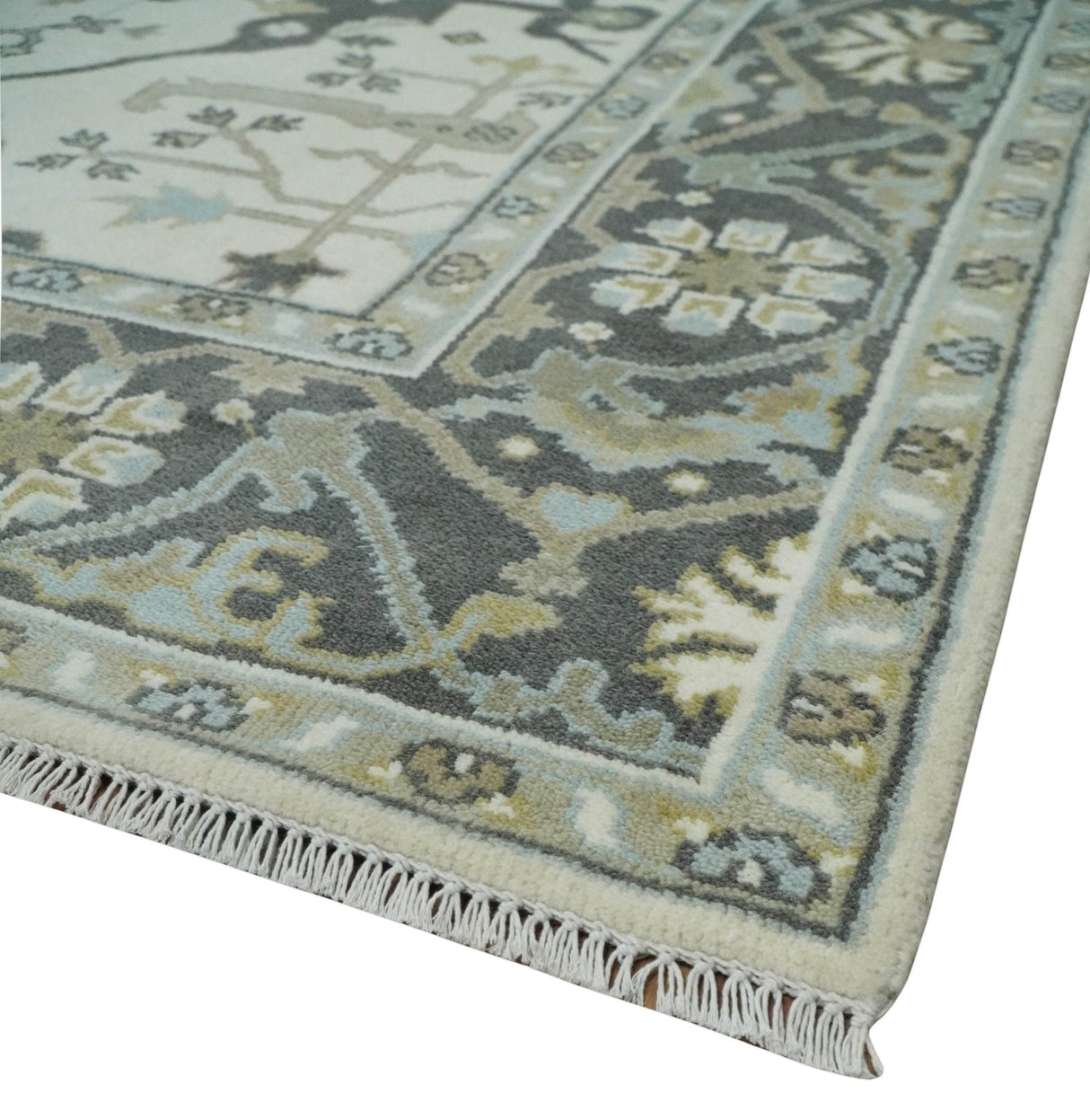 Custom made Hand Knotted Oriental Oushak Ivory, Charcoal and Olive Wool Area Rug