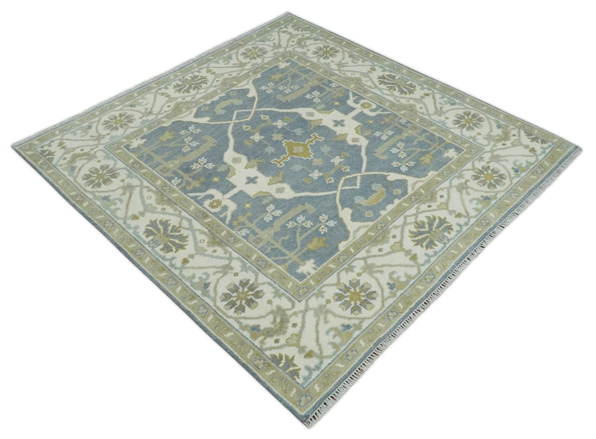 Custom Made Hand Knotted Oriental Oushak Ivory, Charcoal and Olive Wool Area Rug