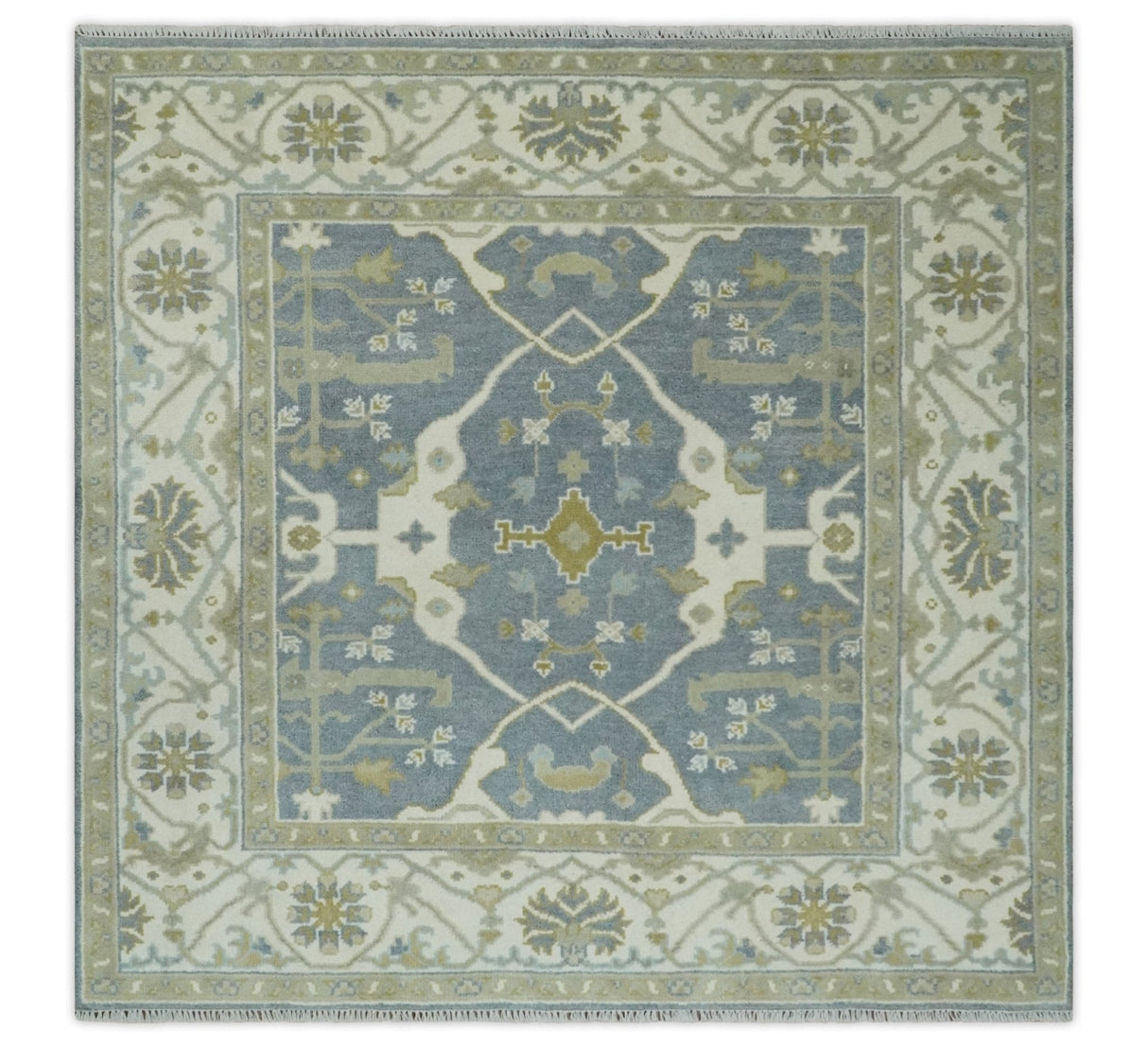 Custom Made Hand Knotted Oriental Oushak Ivory, Charcoal and Olive Wool Area Rug