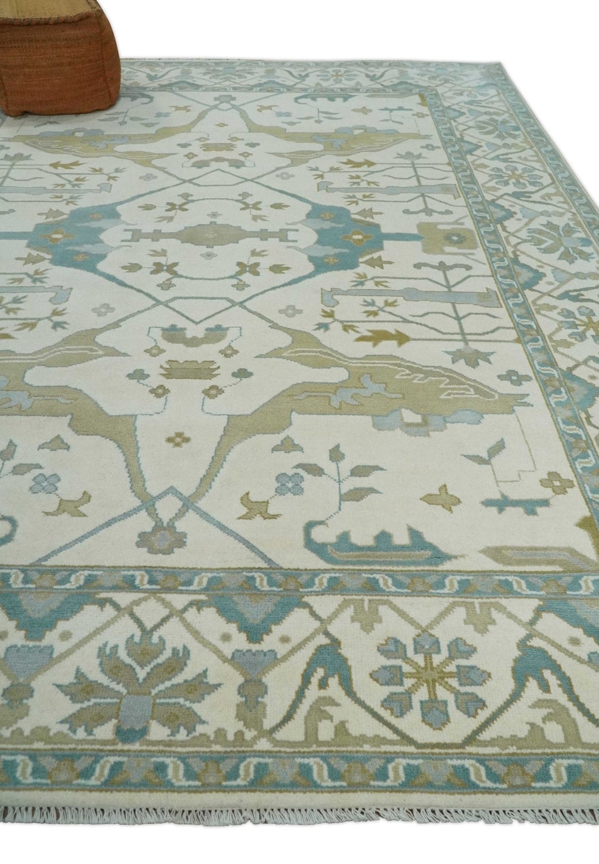 Custom Made Hand Knotted Oriental Oushak Ivory, Teal and Beige Wool Area Rug