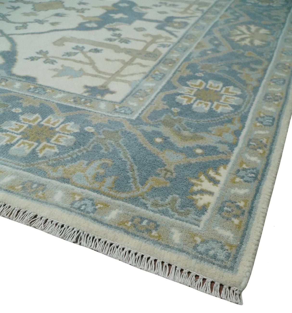 Custom Made Hand Knotted Oriental Oushak Ivory, Teal and Beige Wool Area Rug