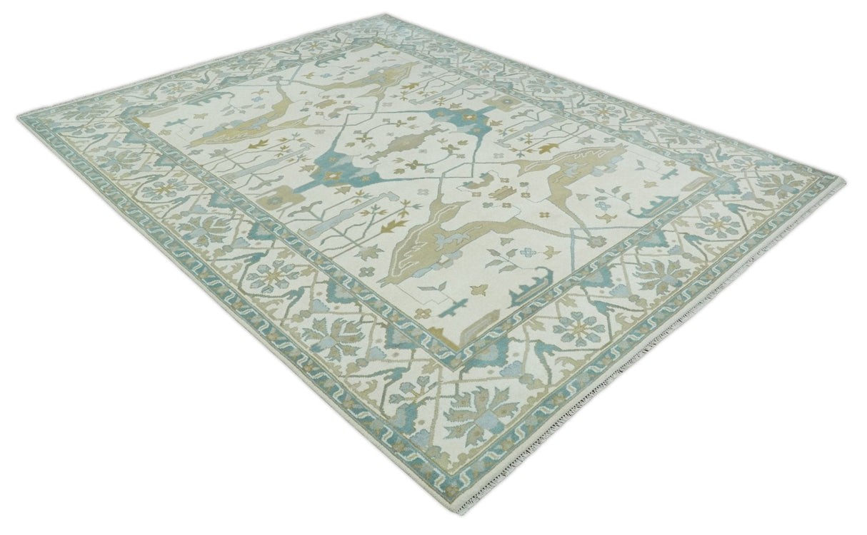 Custom Made Hand Knotted Oriental Oushak Ivory, Teal and Beige Wool Area Rug