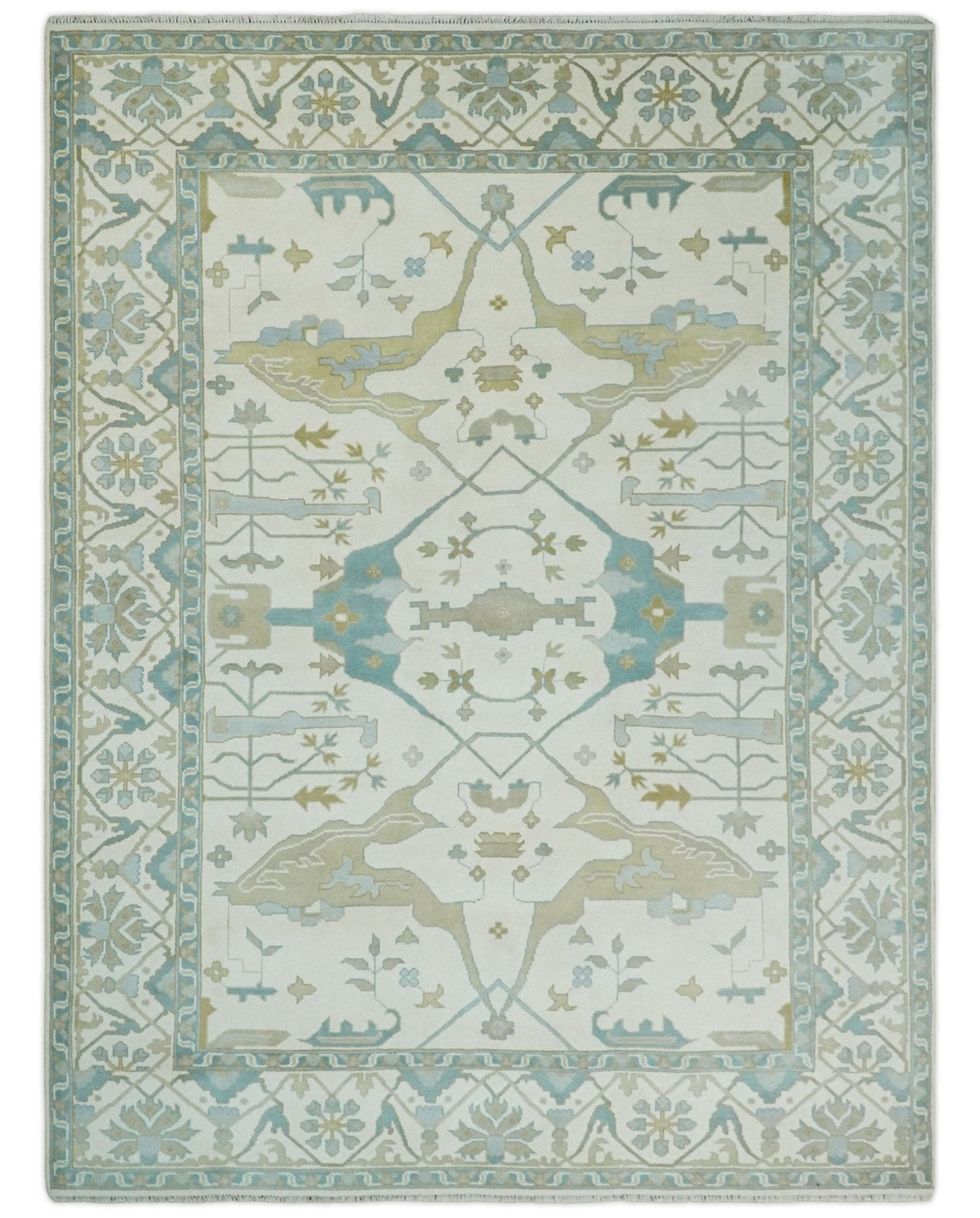 Custom Made Hand Knotted Oriental Oushak Ivory, Teal and Beige Wool Area Rug