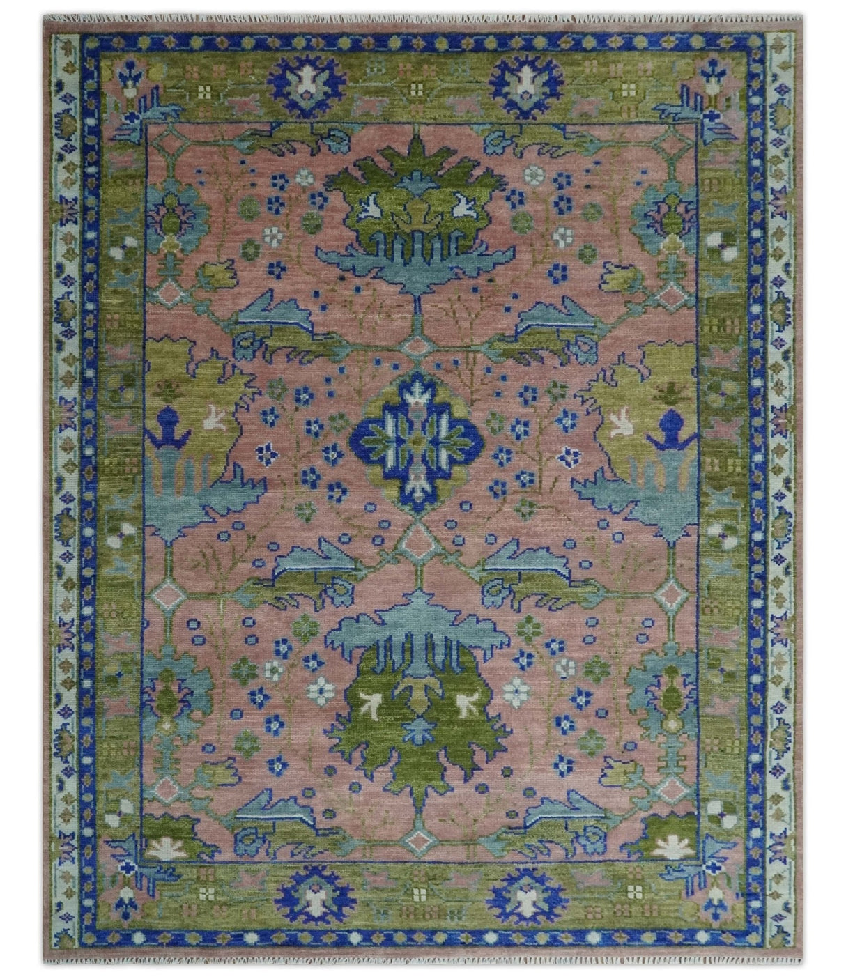 Custom Made Hand knotted Peach, Green and Blue Antique Design Area Rug