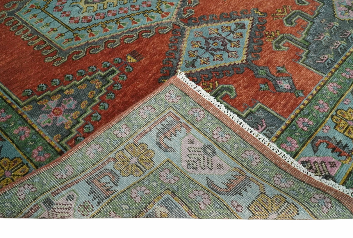 Custom Made Hand Knotted Red, Blue and Olive Traditional Antique Style Wool Rug