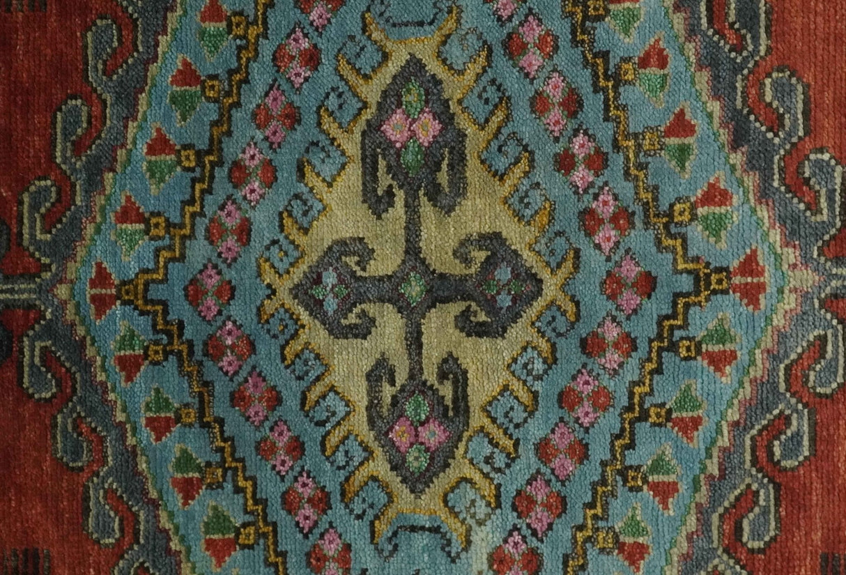 Custom Made Hand Knotted Red, Blue and Olive Traditional Antique Style Wool Rug