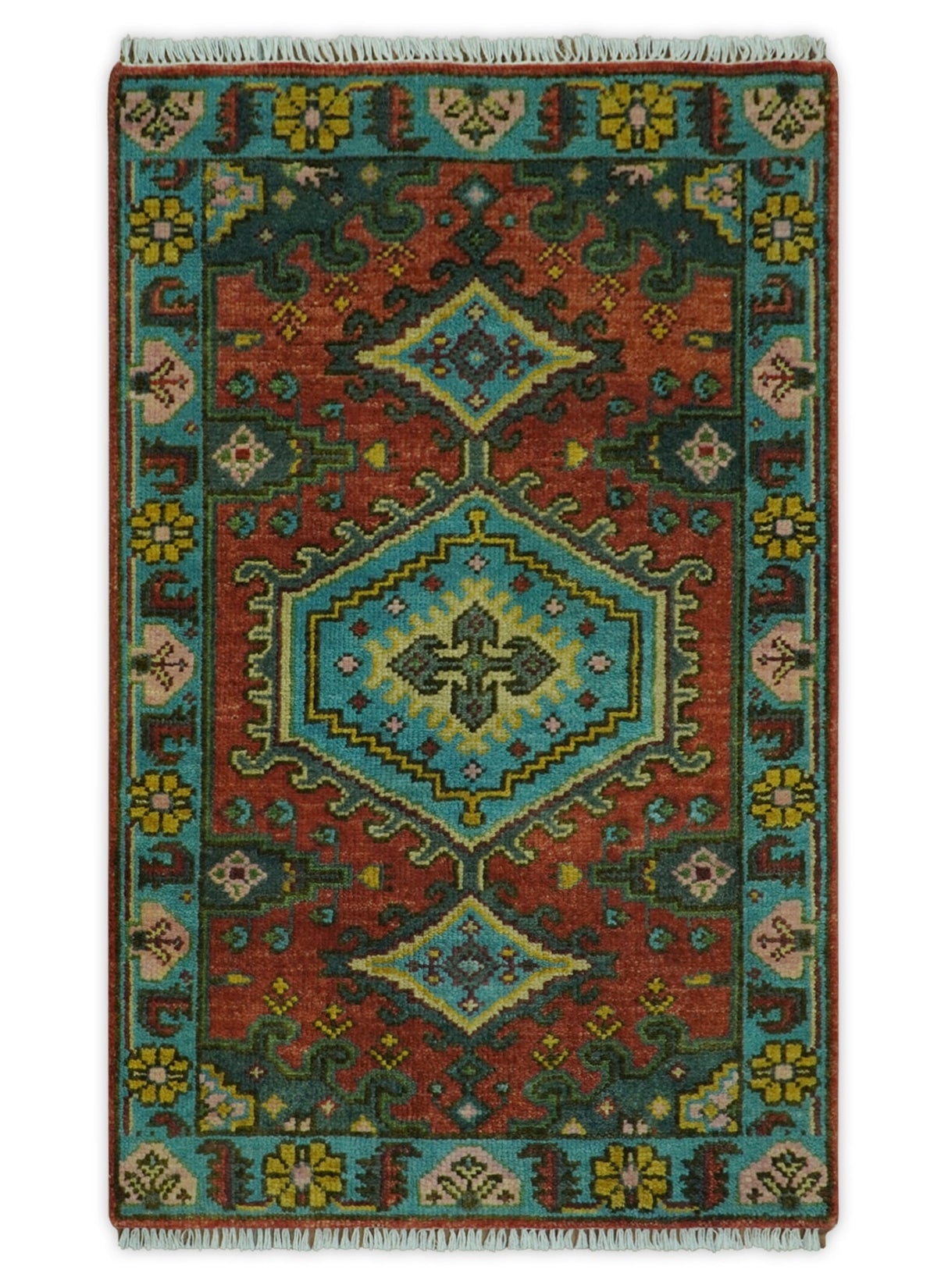 Custom Made Hand Knotted Red, Blue and Olive Traditional Antique Style Wool Rug