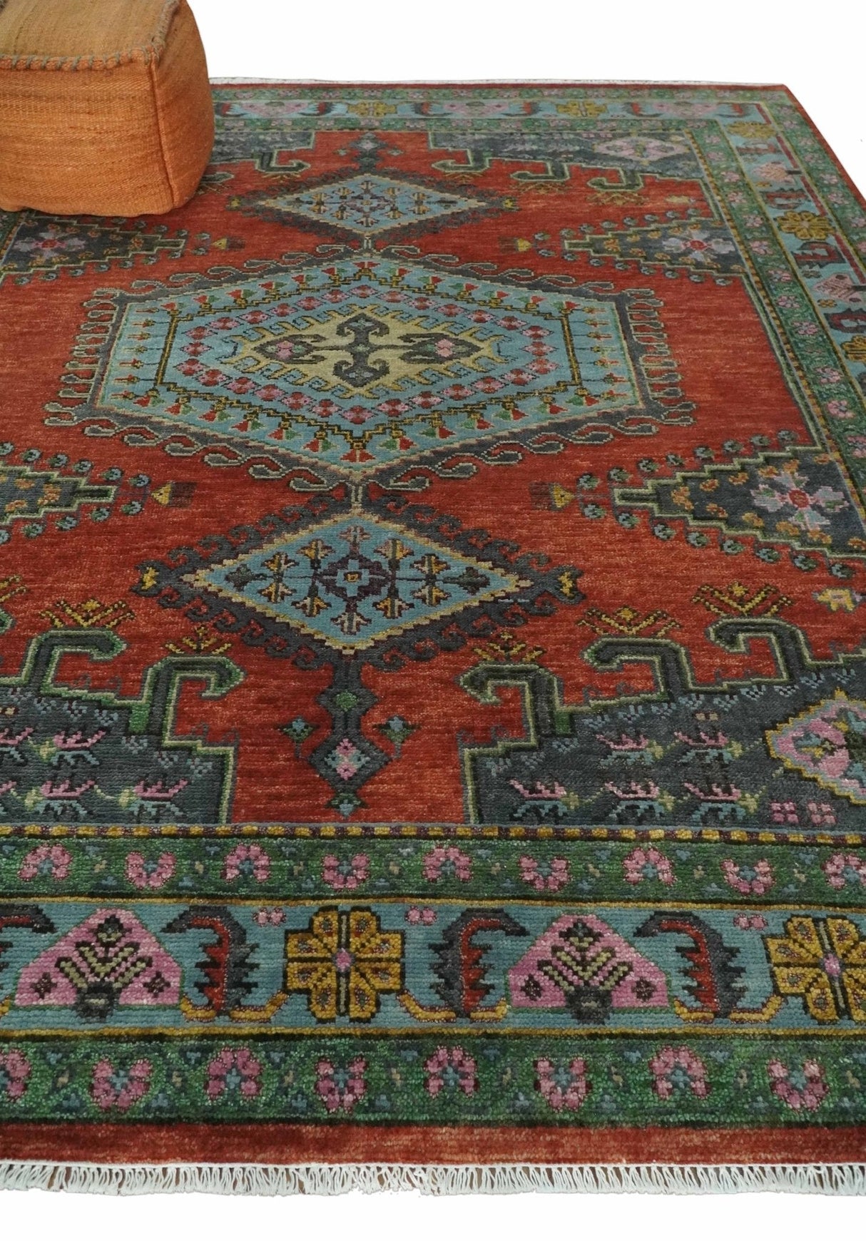 Custom Made Hand Knotted Red, Blue and Olive Traditional Antique Style Wool Rug