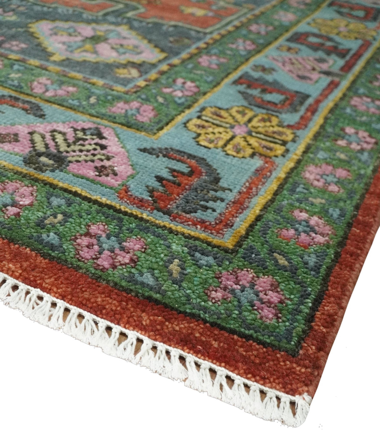Custom Made Hand Knotted Red, Blue and Olive Traditional Antique Style Wool Rug