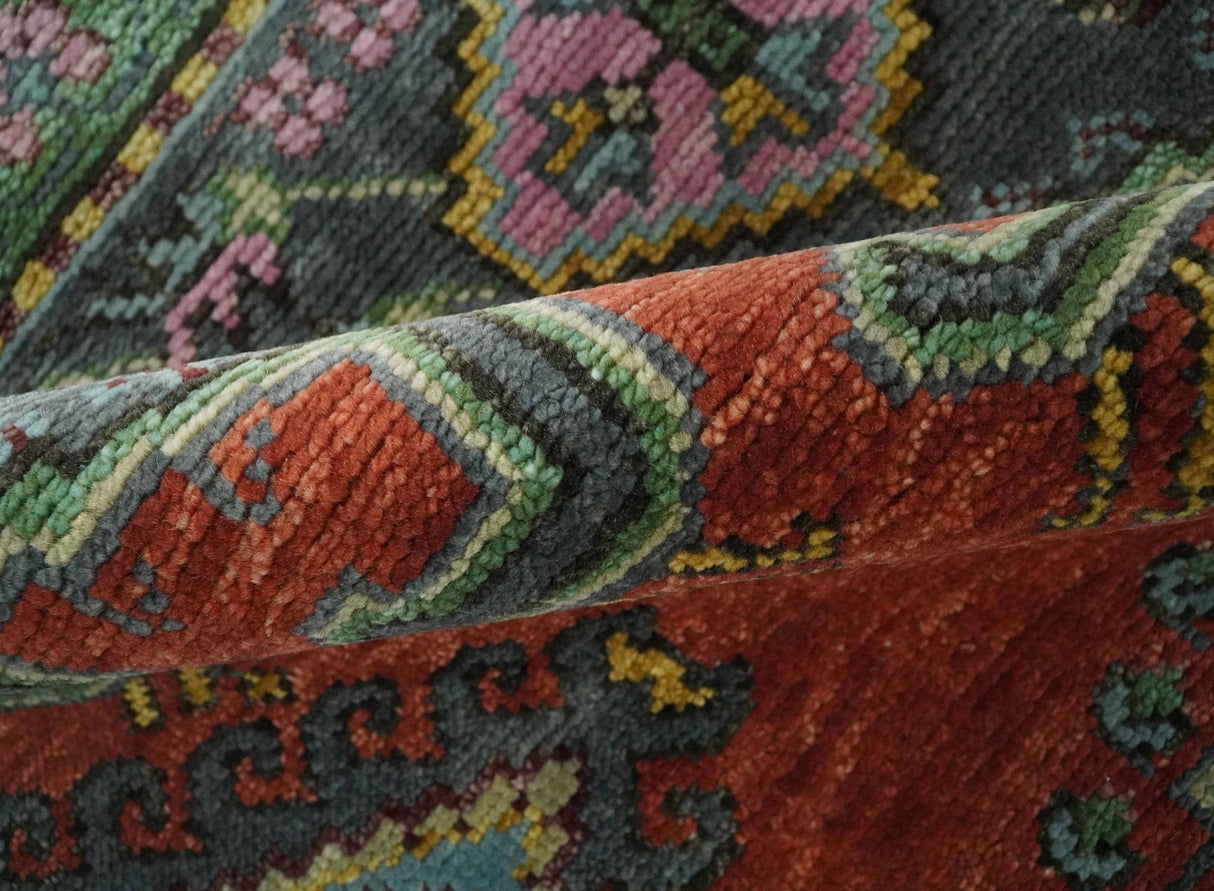Custom Made Hand Knotted Red, Blue and Olive Traditional Antique Style Wool Rug