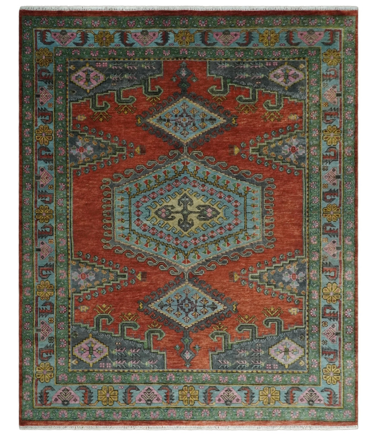 Custom Made Hand Knotted Red, Blue and Olive Traditional Antique Style Wool Rug