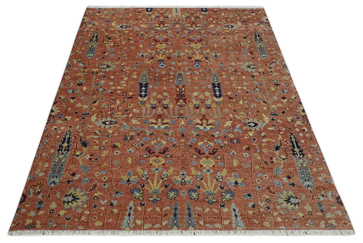 custom Made Hand Knotted Rust and Beige Traditional Turkish Knot Oushak Wool Rug