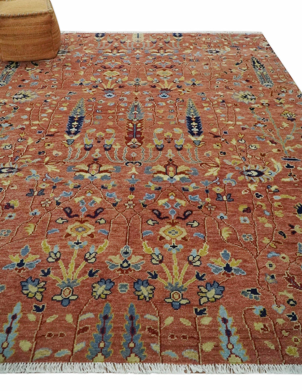 custom Made Hand Knotted Rust and Beige Traditional Turkish Knot Oushak Wool Rug