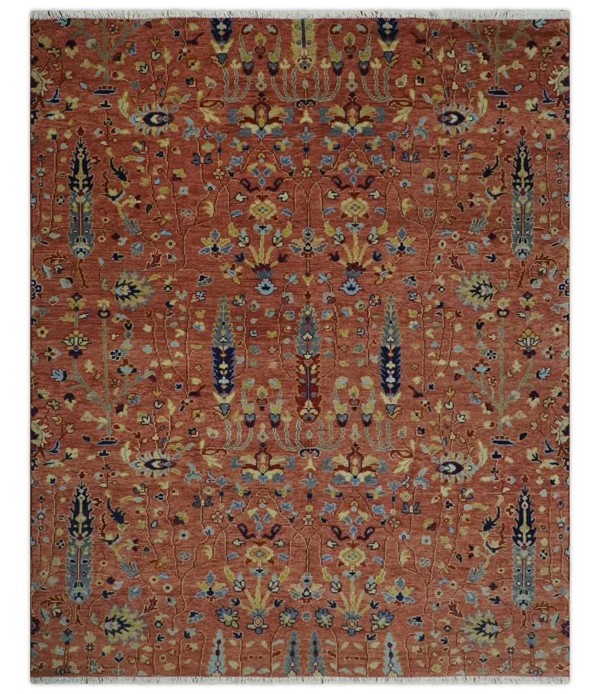 custom Made Hand Knotted Rust and Beige Traditional Turkish Knot Oushak Wool Rug