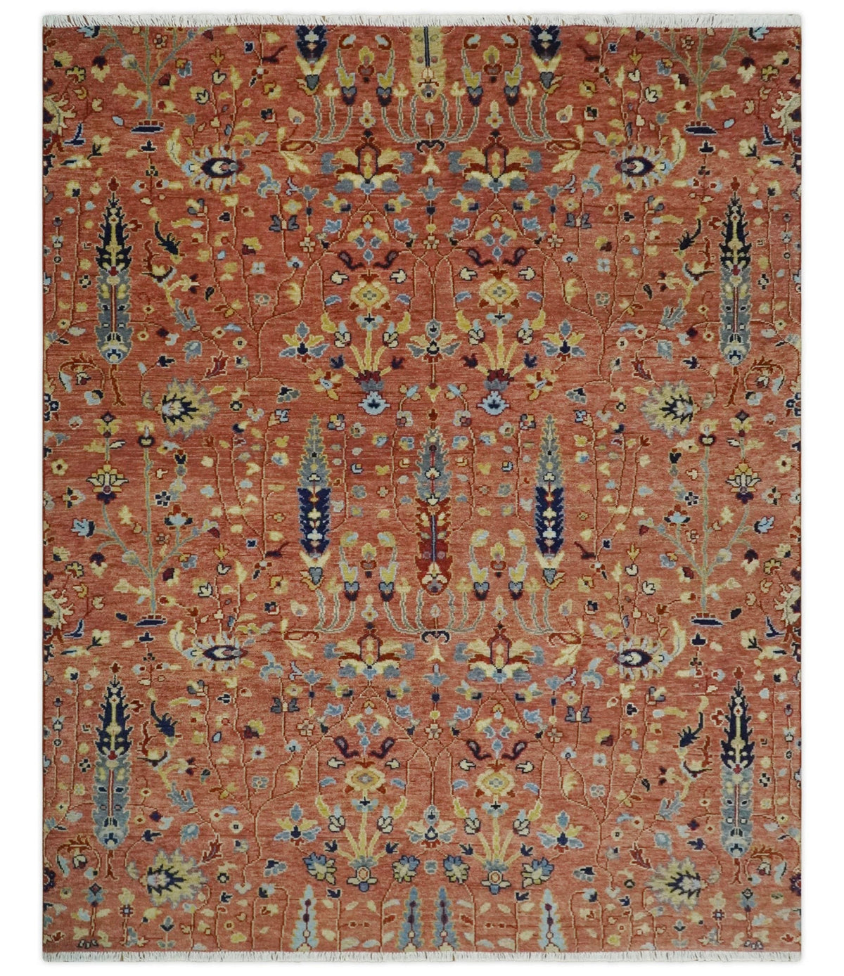 custom Made Hand Knotted Rust and Beige Traditional Turkish Knot Oushak Wool Rug