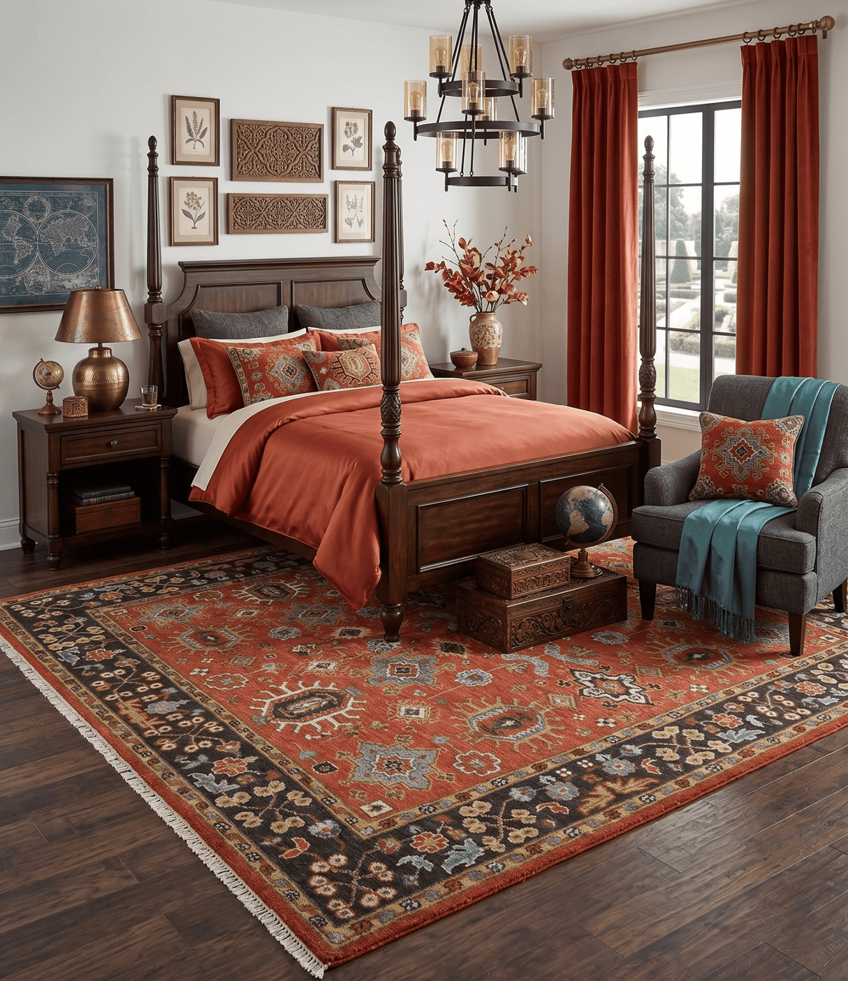 Custom Made Hand Knotted Rust and Black Traditional Wool Rug