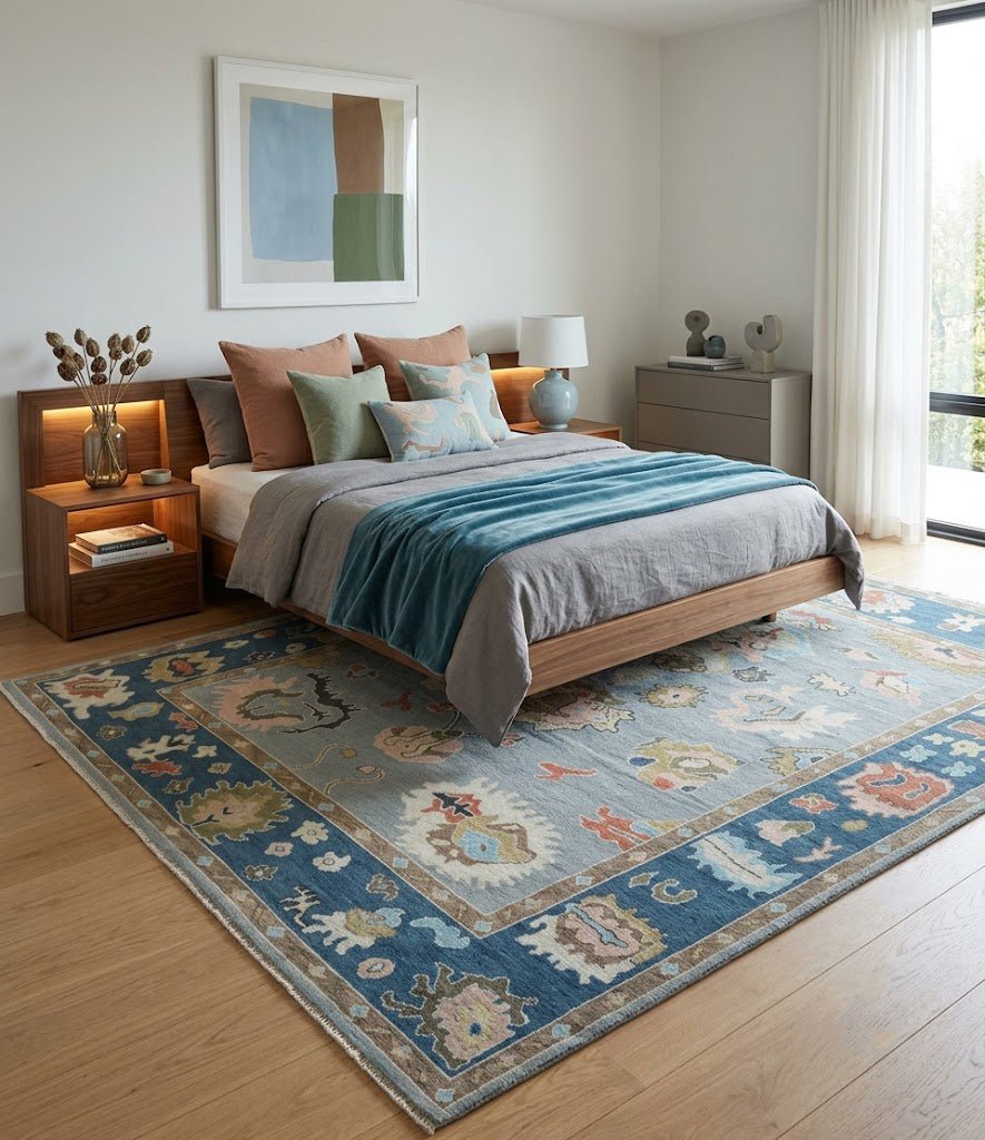 Custom Made Hand Knotted Silver and Blue Colorful Traditional Oushak Wool Area Rug
