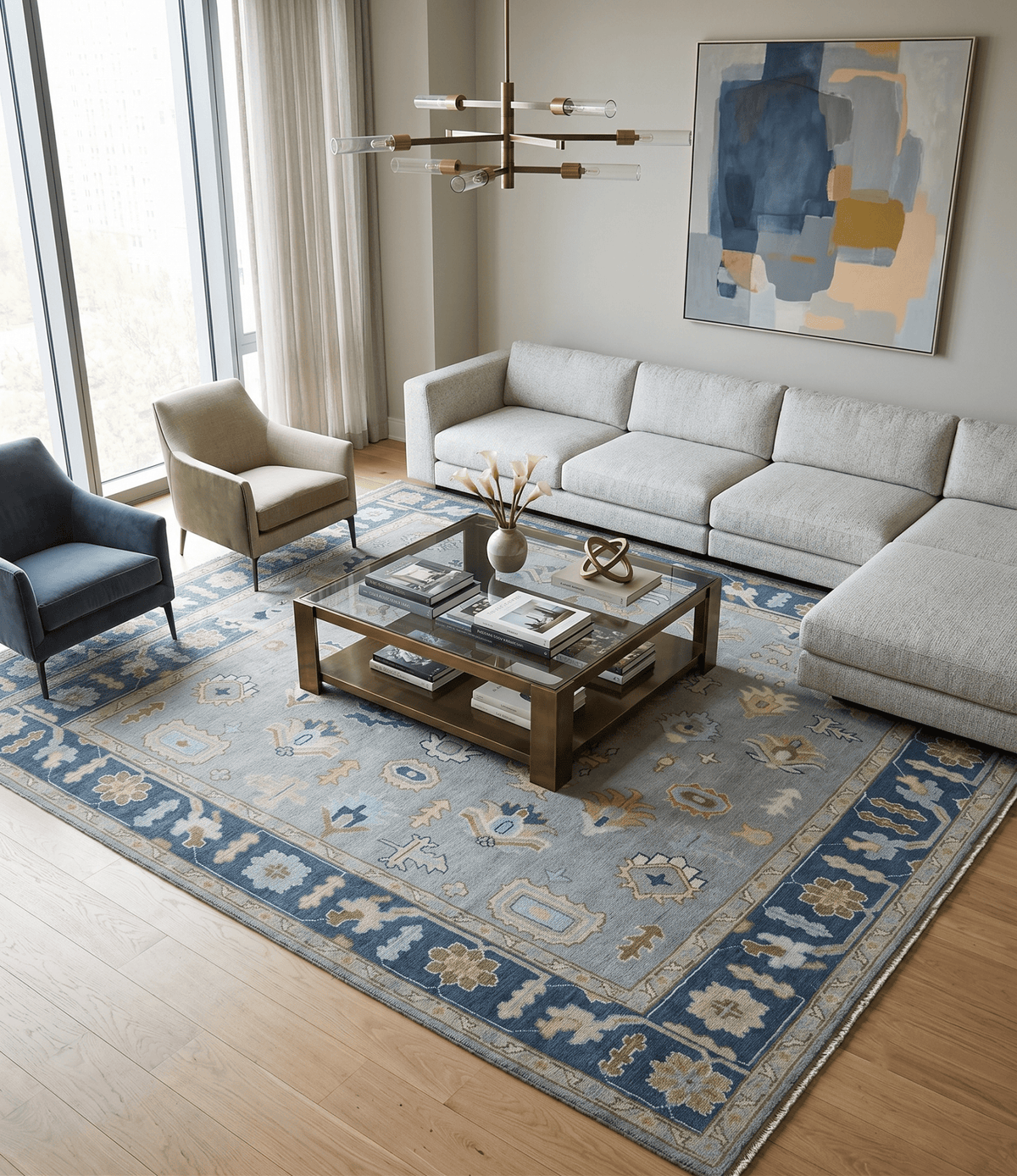 Custom Made Hand knotted Silver and Blue Traditional Oushak wool Area Rug