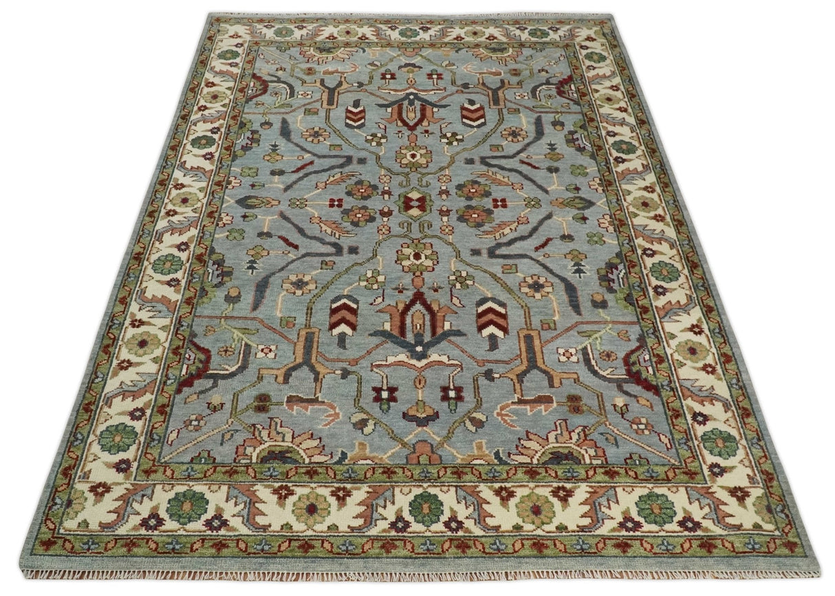 Custom Made Hand Knotted Silver, Olive and Ivory Traditional Oriental Oushak Wool Rug