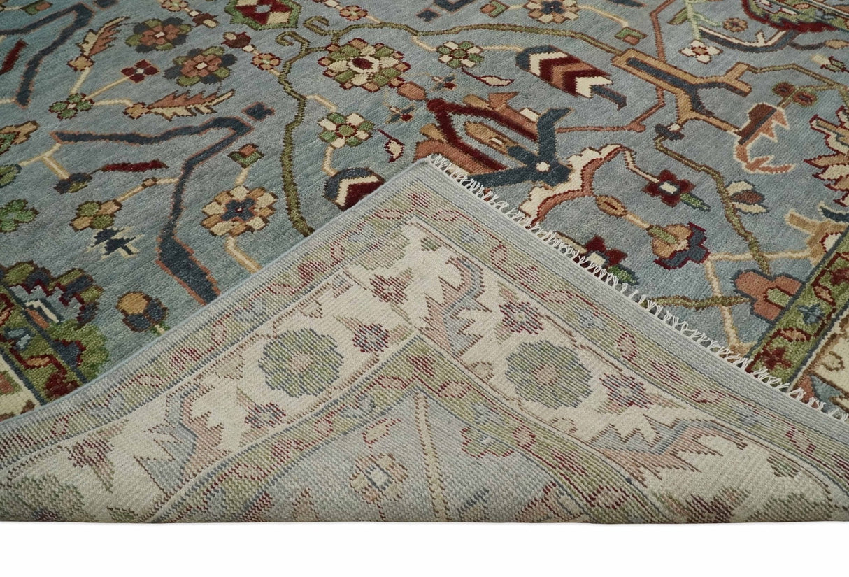 Custom Made Hand Knotted Silver, Olive and Ivory Traditional Oriental Oushak Wool Rug