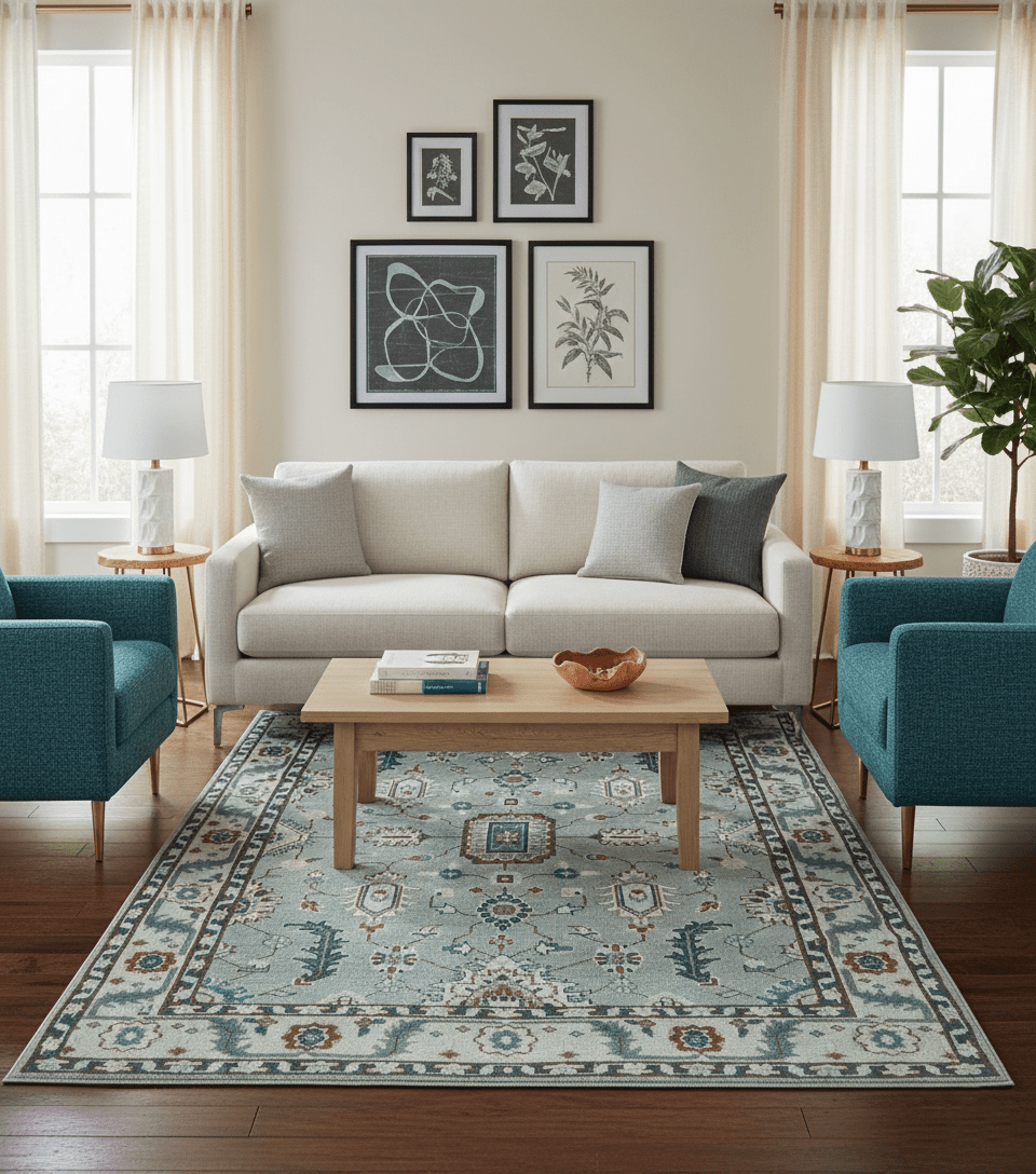 Custom Made Hand Knotted Silver, Teal, Ivory and Brown Traditional Oriental Oushak wool area Rug