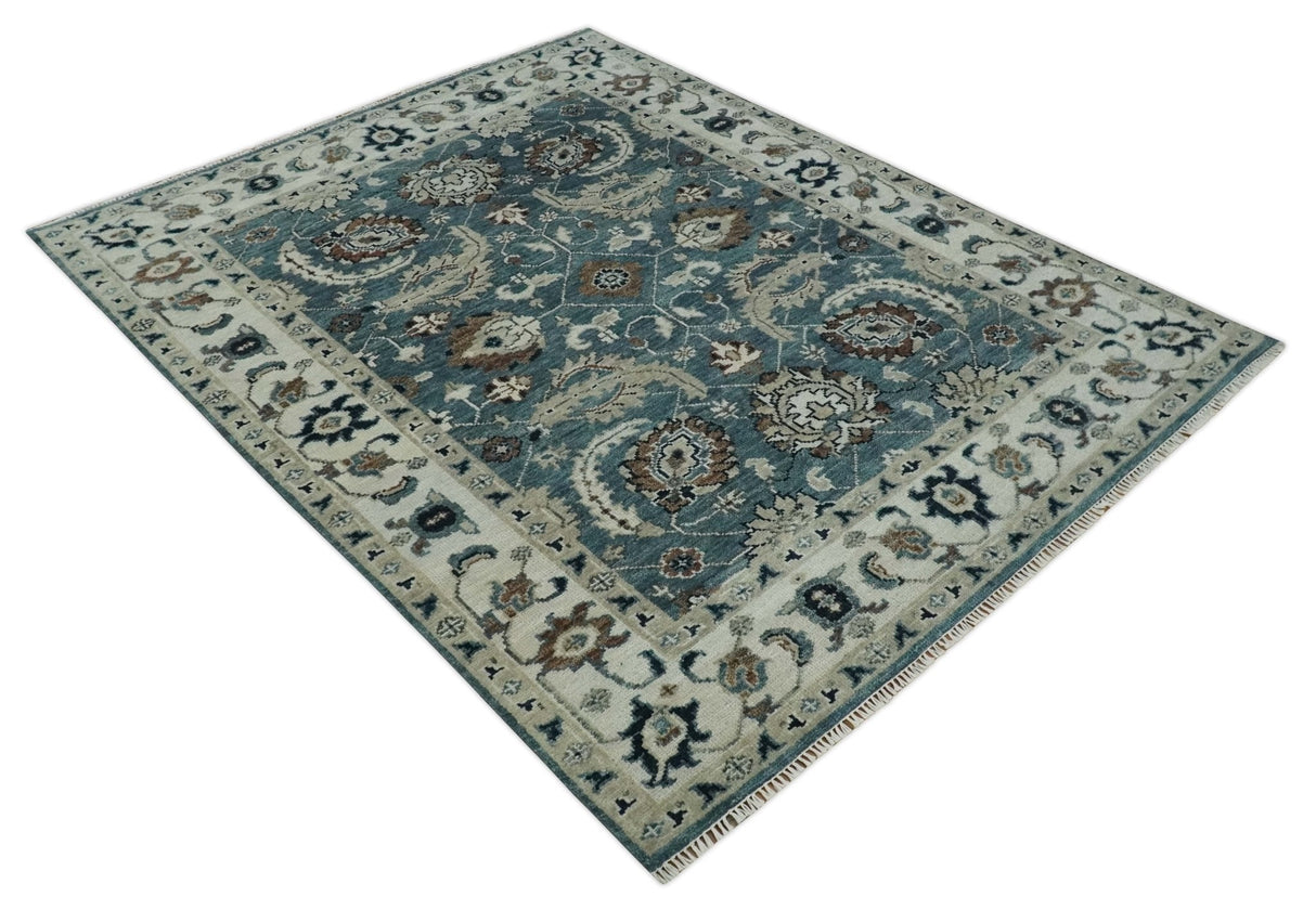 Custom Made Hand Knotted Teal and Ivory Traditional Antique Style Wool Area Rug