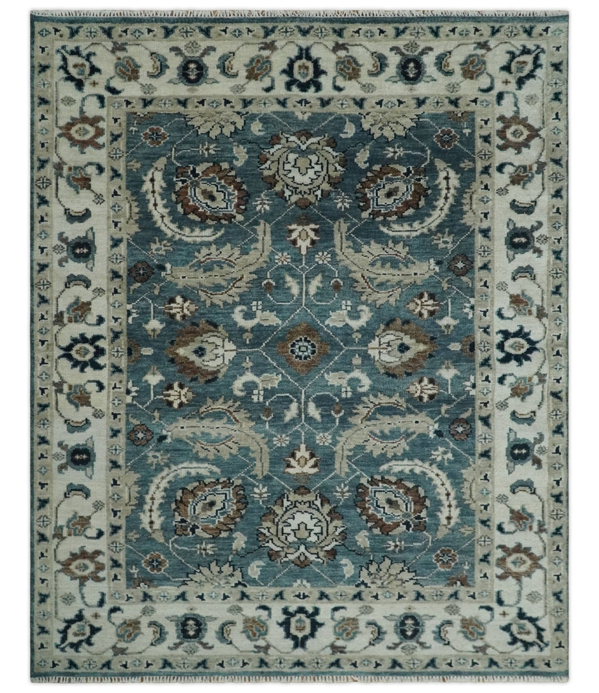 Custom Made Hand Knotted Teal and Ivory Traditional Antique Style Wool Area Rug