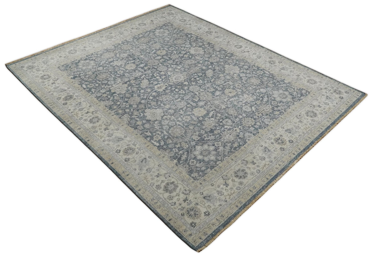 Custom Made Hand Knotted Traditional Blue and Beige Antique Textured Low Pile Distressed Wool Rug