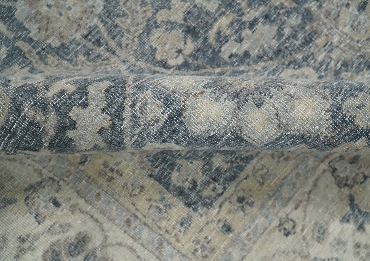Custom Made Hand Knotted Traditional Blue and Beige Antique Textured Low Pile Distressed Wool Rug