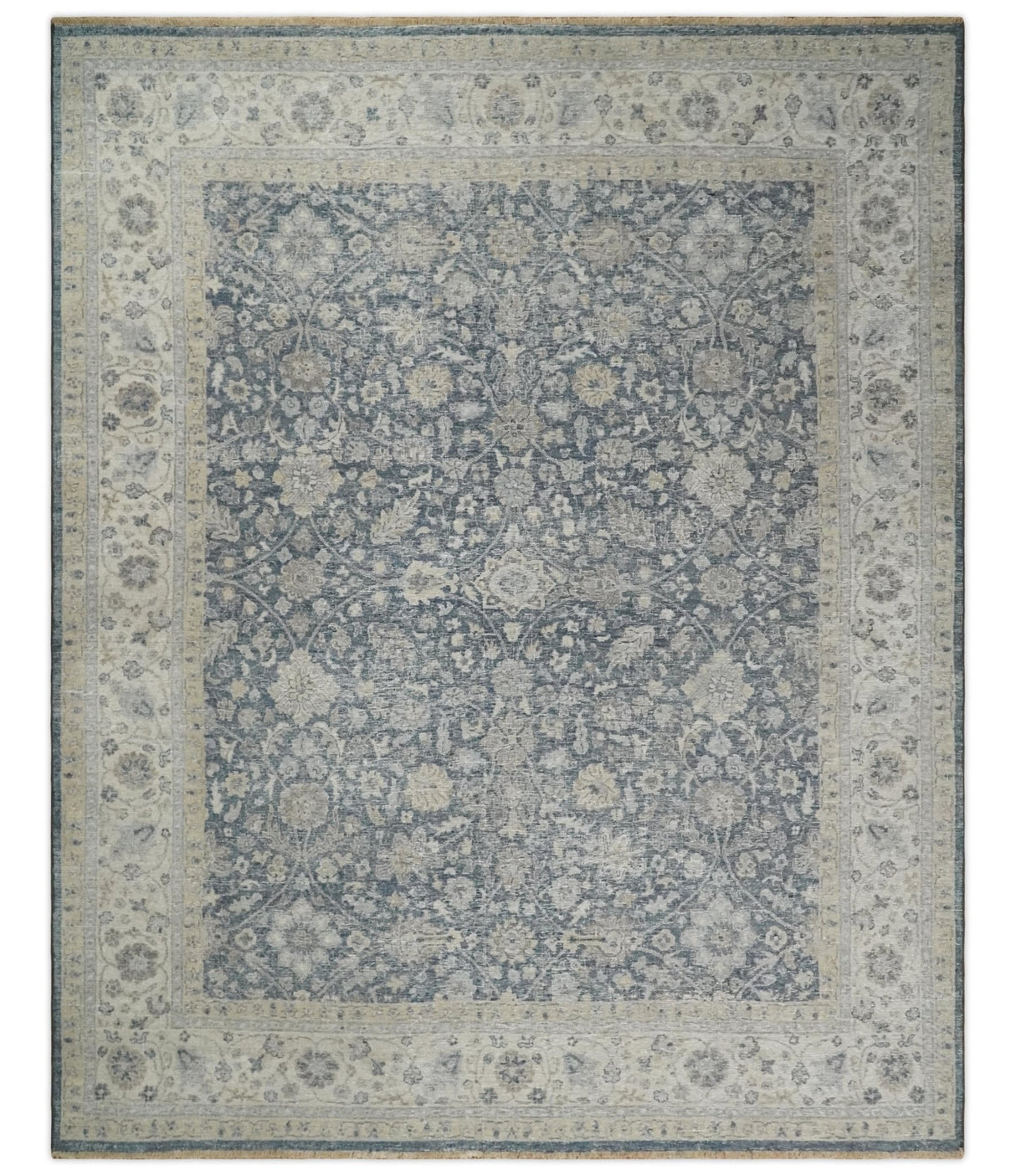 Custom Made Hand Knotted Traditional Blue and Beige Antique Textured Low Pile Distressed Wool Rug
