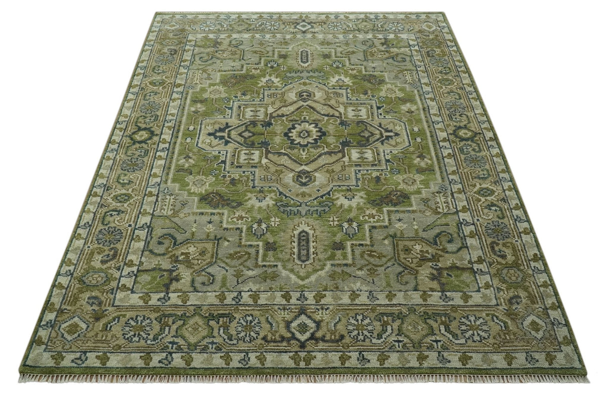 Custom Made Hand Knotted Traditional Green, Silver and Charcoal wool area rug