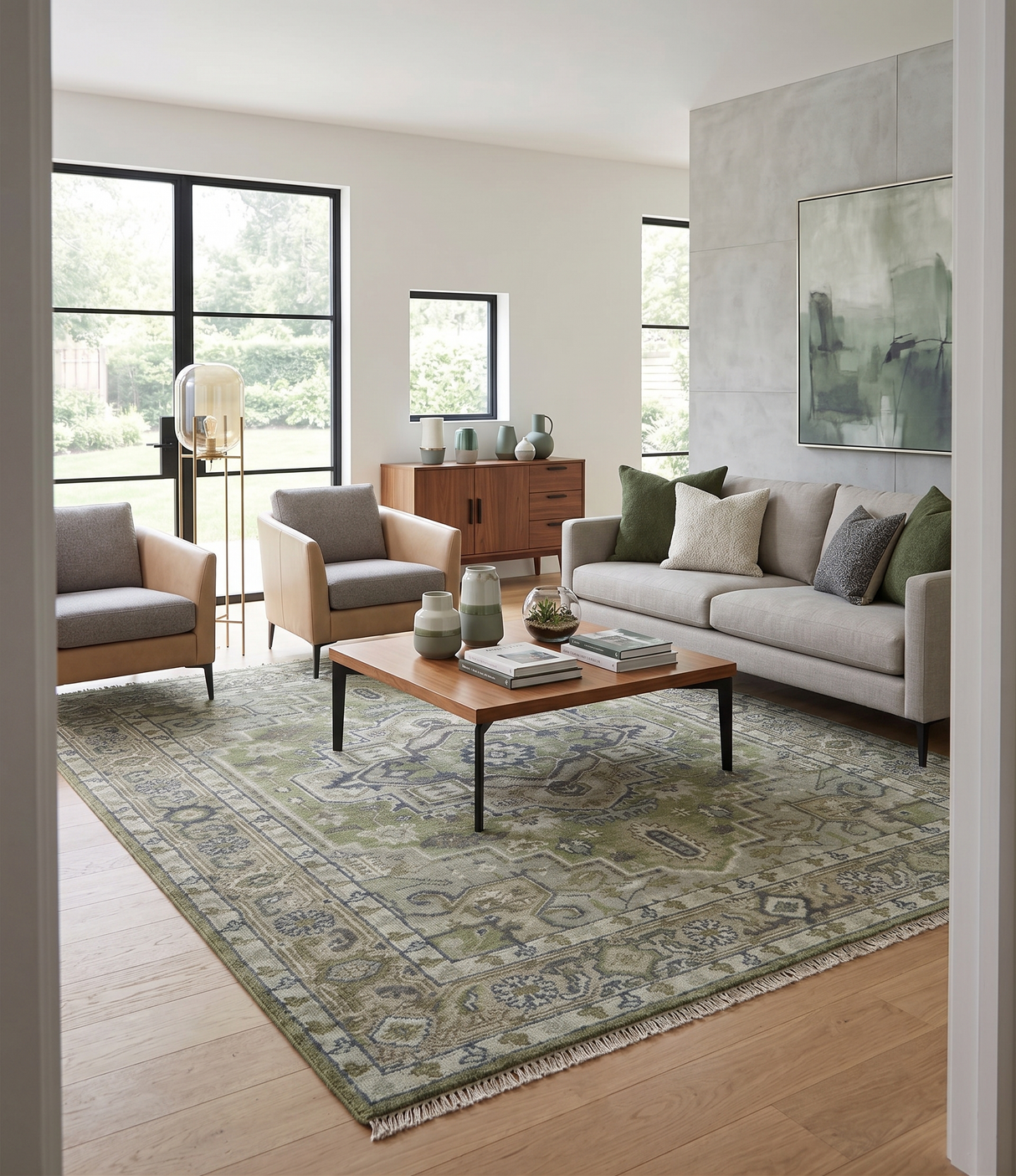 Custom Made Hand Knotted Traditional Green, Silver and Charcoal wool area rug