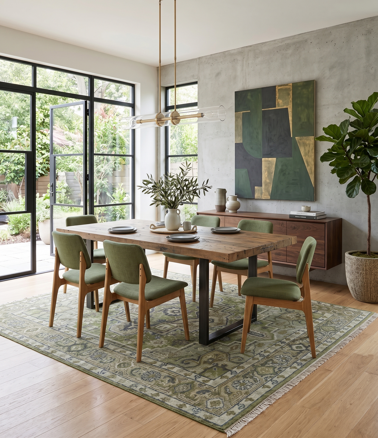 Custom Made Hand Knotted Traditional Green, Silver and Charcoal wool area rug
