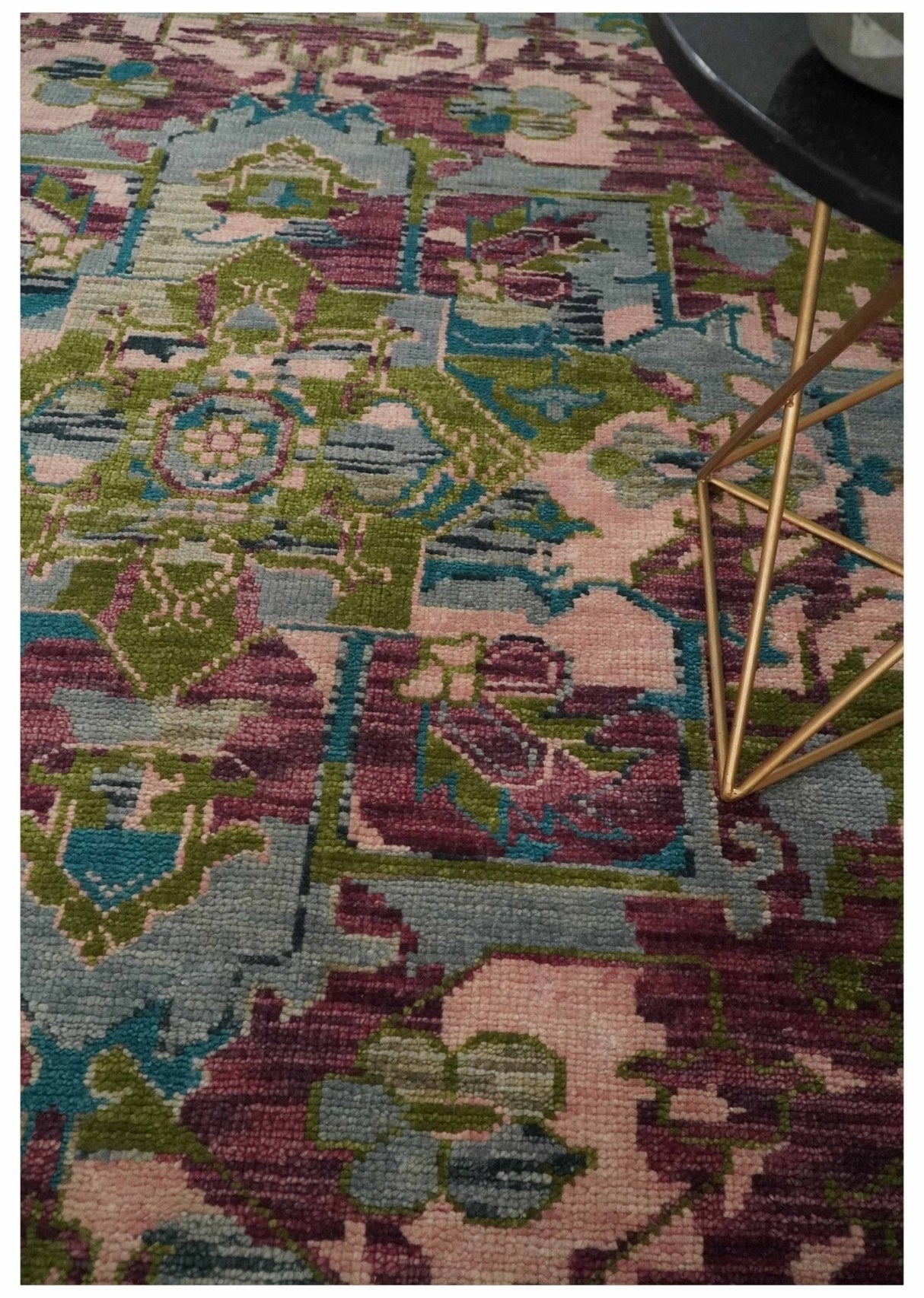 Custom Made Hand Knotted Transitional Green, Pink and Purple wool Area Rug
