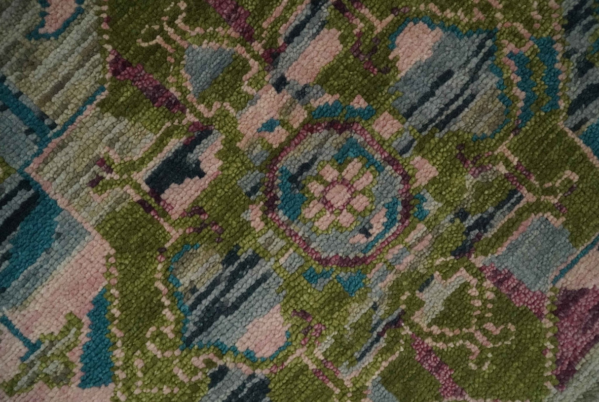 Custom Made Hand Knotted Transitional Green, Pink and Purple wool Area Rug